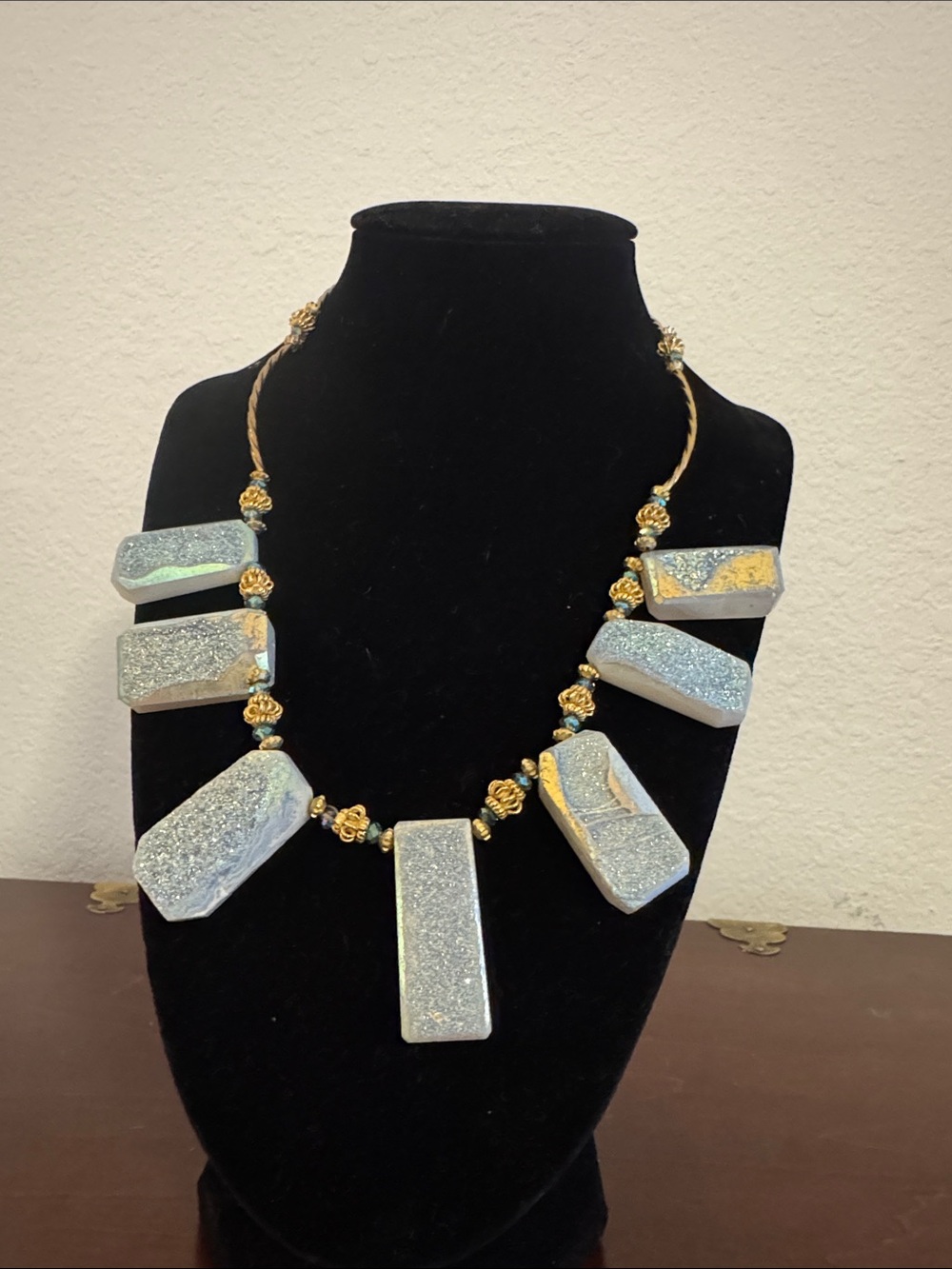 Hand Made New Gold Tone Beaded Necklace with Blue Druzy Pendant Accents